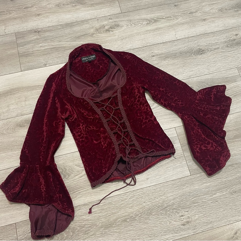 Dark Red Velvet Lace-Up front Corset Top with Flare Sleeves